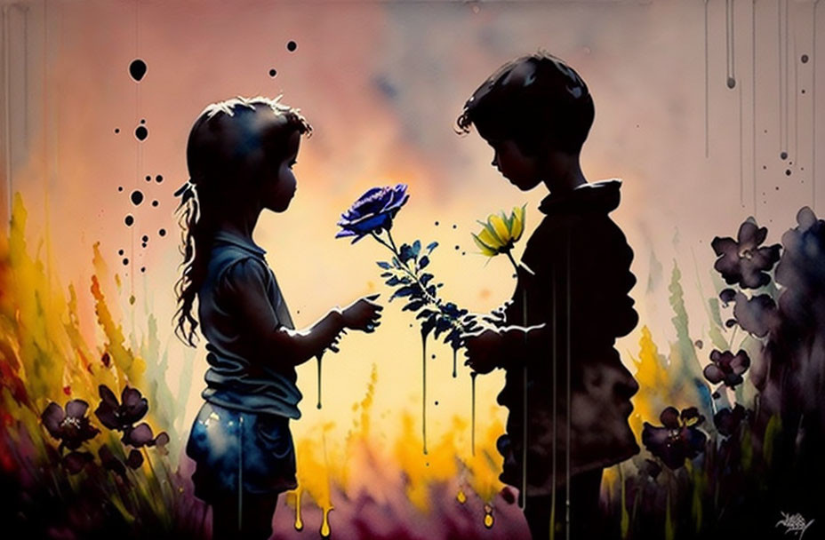 Silhouetted children exchanging blue flower against vibrant backdrop