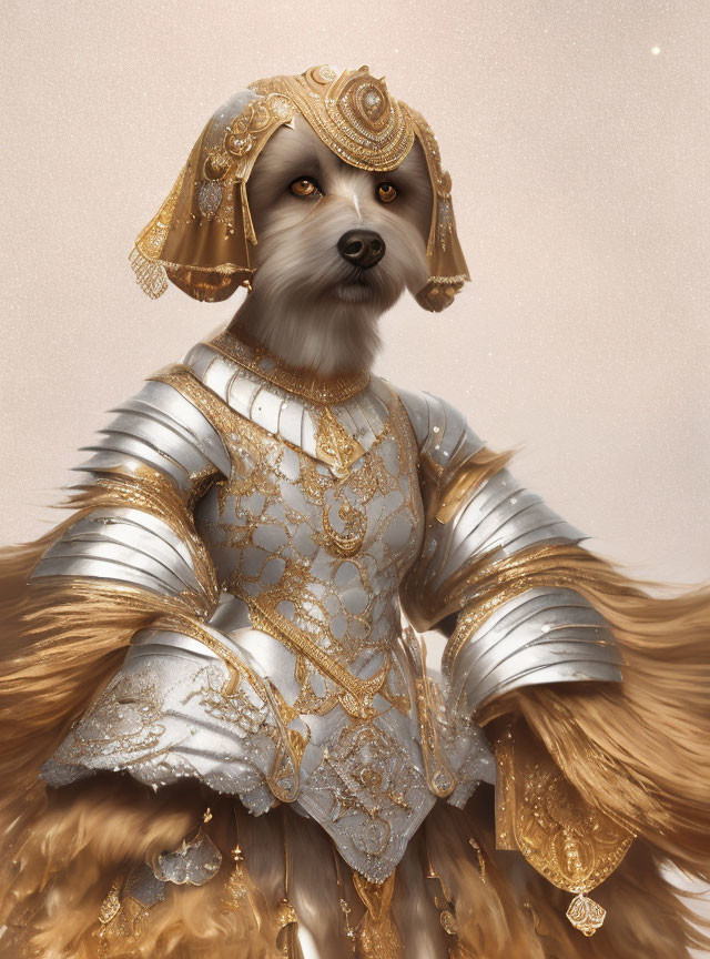 Anthropomorphic dog in golden medieval armor on beige backdrop