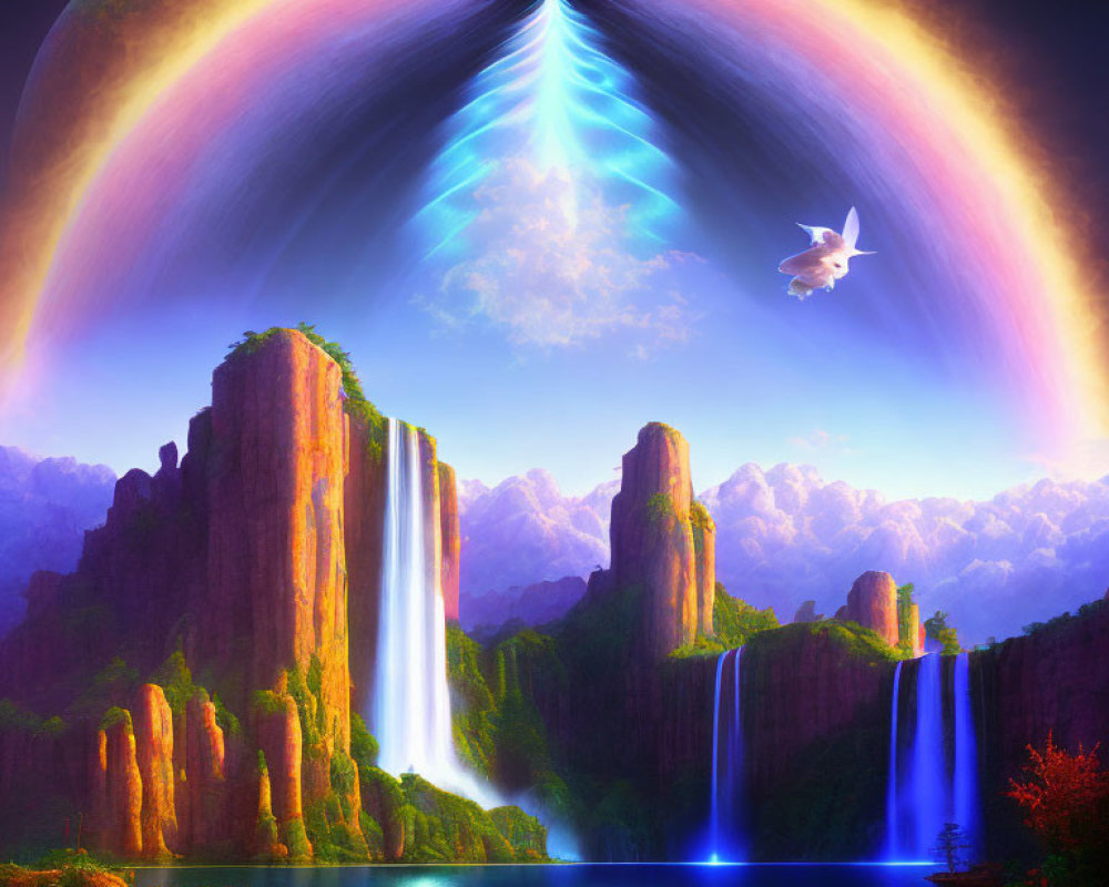 Fantasy landscape with waterfalls, lake, animals, and celestial phenomenon