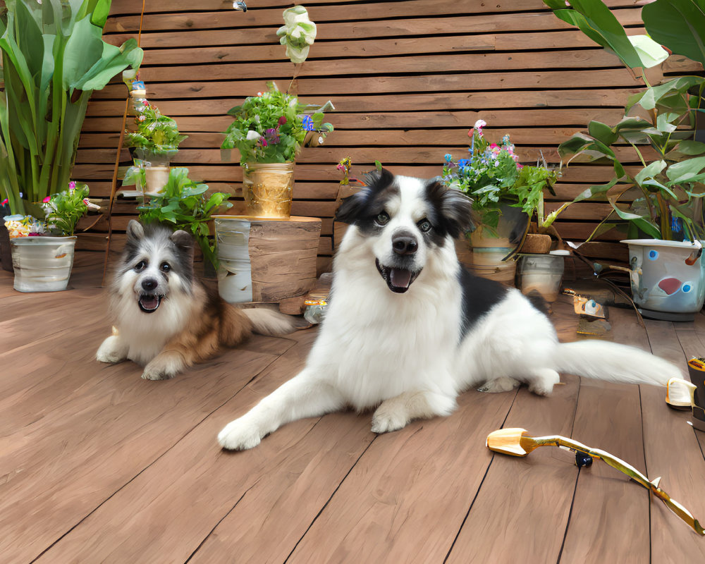 Fluffy dogs on wooden deck with plants & gardening supplies