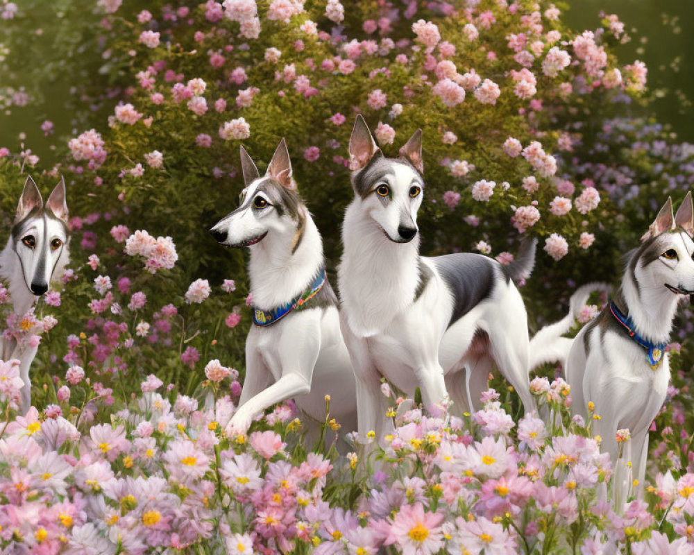 Three Dogs with Colorful Collars in Pink Flower Garden