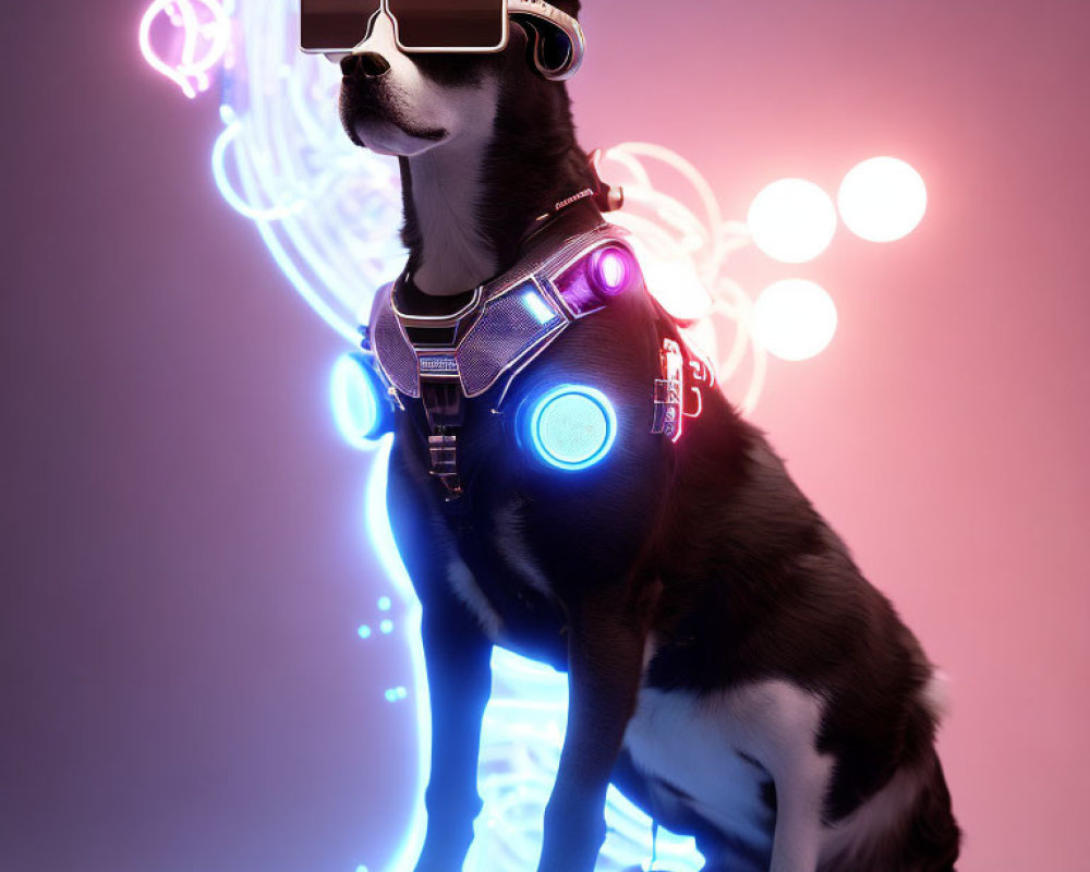 Futuristic dog in cyberpunk glasses and neon harness on pink-violet backdrop