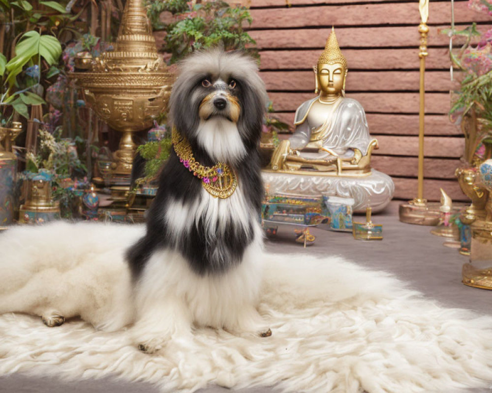 Black and white fluffy dog on fur rug with Buddha statue and golden decor