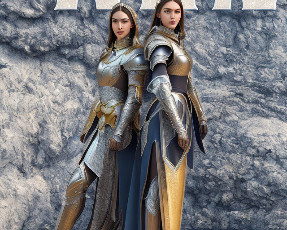 Two female warriors in elaborate medieval armor against rocky backdrop with "NAN" word above