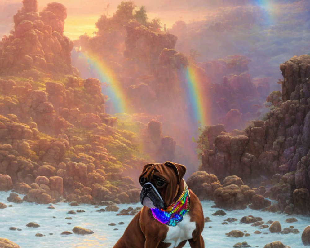 Majestic boxer dog in surreal landscape with misty forest and sunset