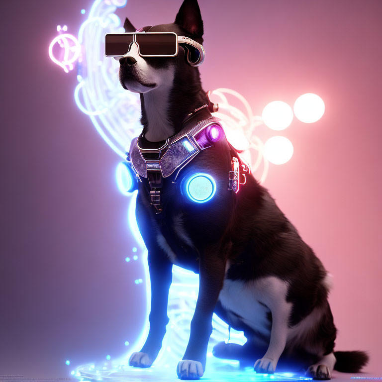 Futuristic dog in cyberpunk glasses and neon harness on pink-violet backdrop