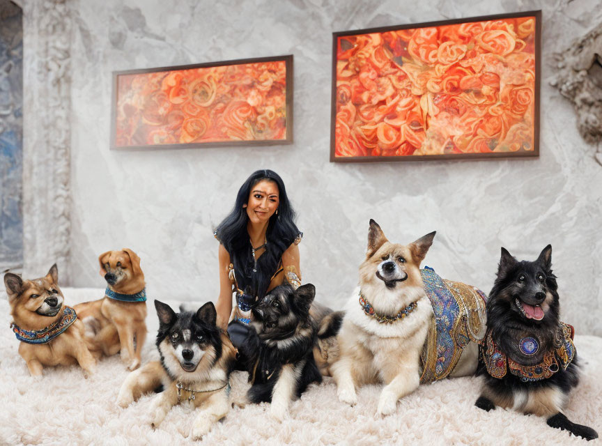 Woman Sitting Among Five Dogs on Fluffy Carpet with Abstract Art Wall Display