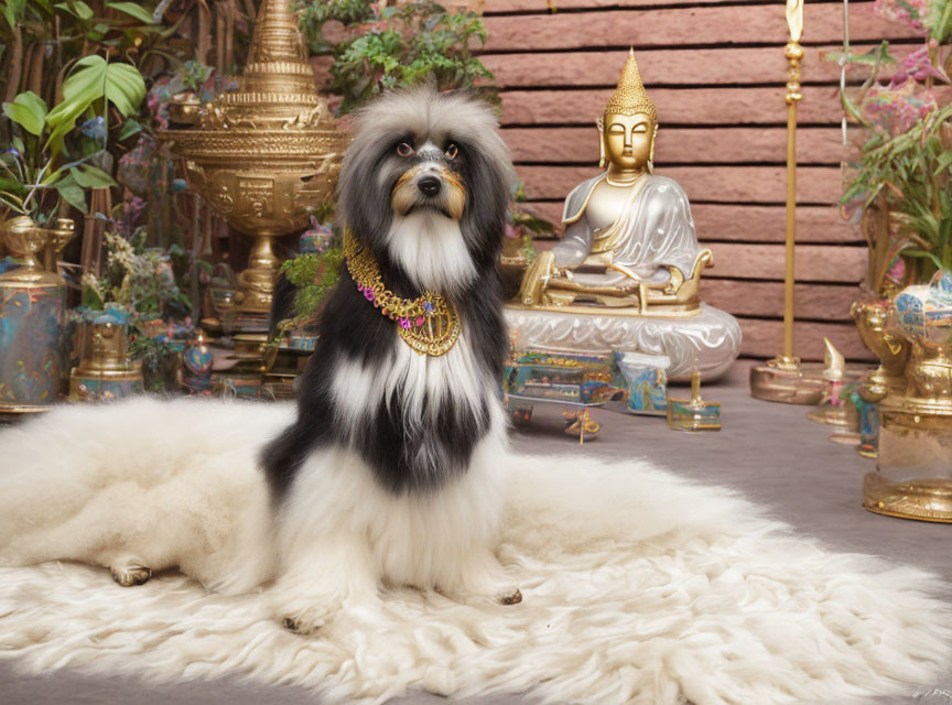 Black and white fluffy dog on fur rug with Buddha statue and golden decor