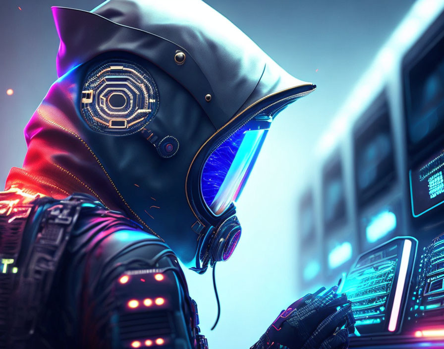 Futuristic figure with glowing blue visor and high-tech helmet in front of neon-lit screens