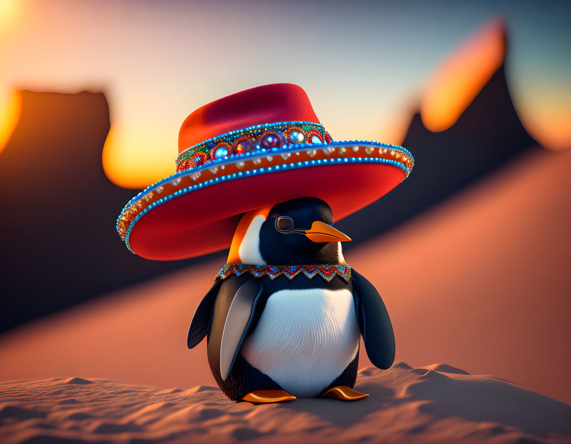 Penguin with sombrero on sandy terrain at twilight