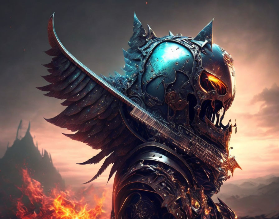 Armored warrior with winged helmet and large sword in fiery fantasy scene