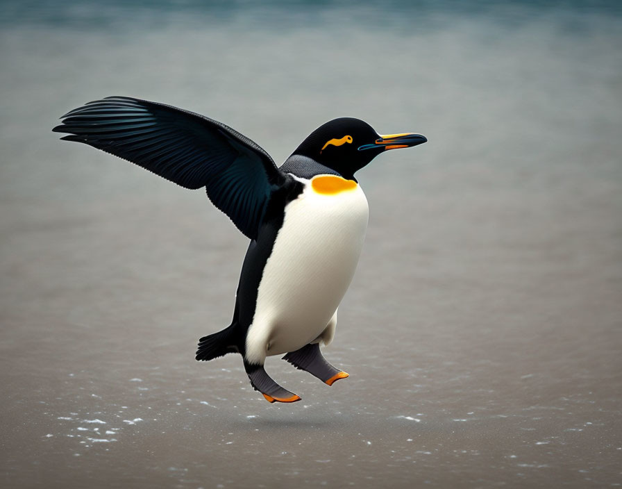 Penguin with outstretched wings on sandy beach