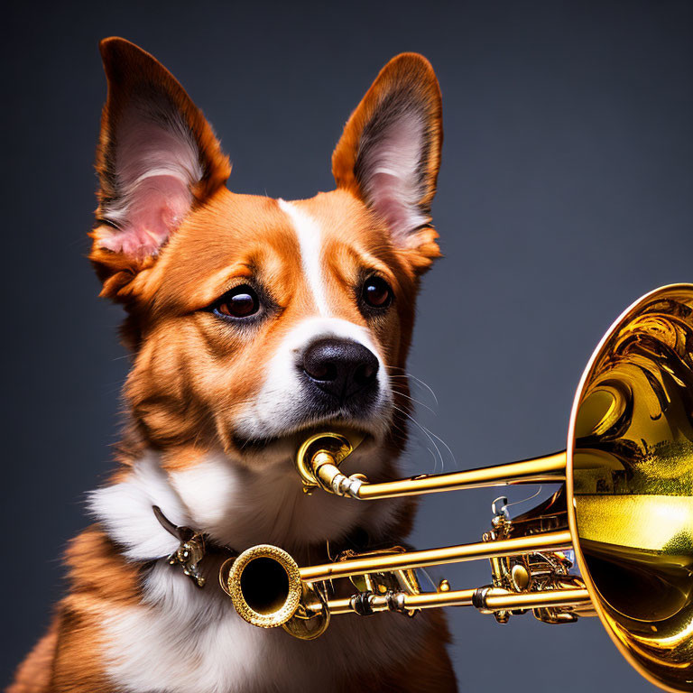 Corgi Dog with Trumpet Bell in Dark Background