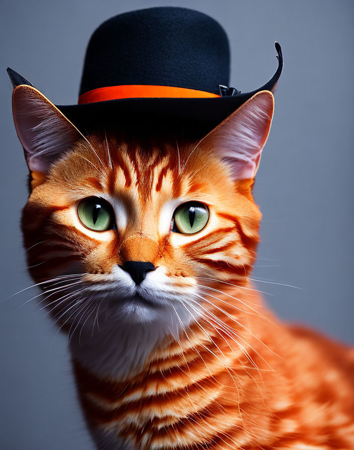 Orange Tabby Cat with Green Eyes Wearing Black Top Hat