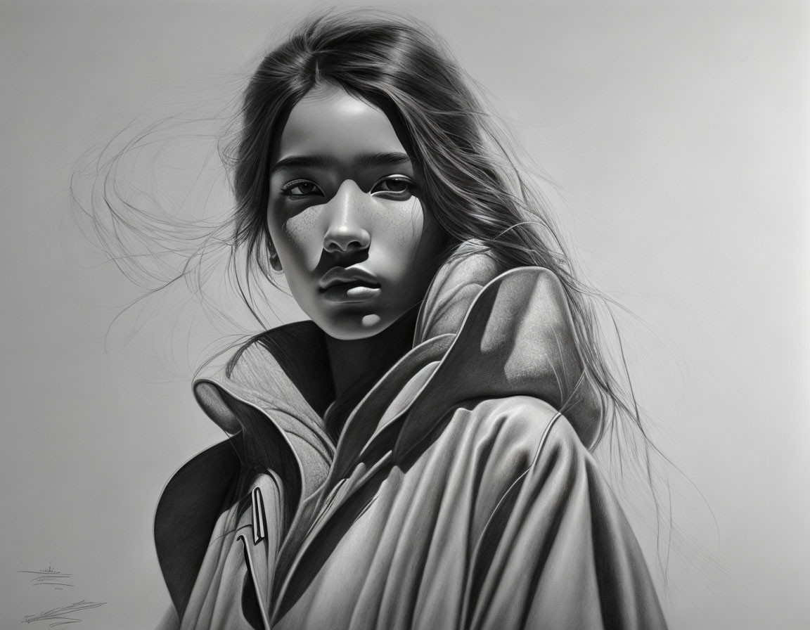 Monochrome artwork of young woman in hooded jacket