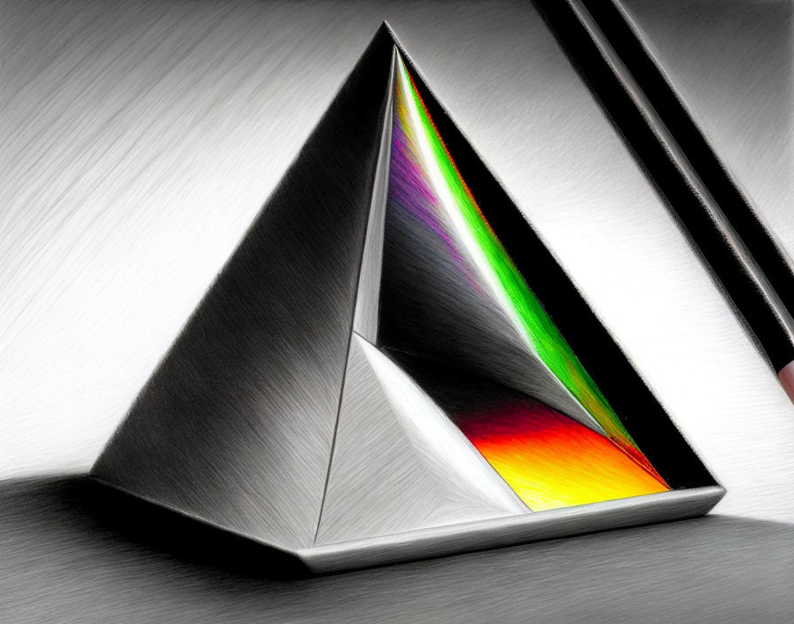 Stylized drawing of triangular prism dispersing light into spectrum