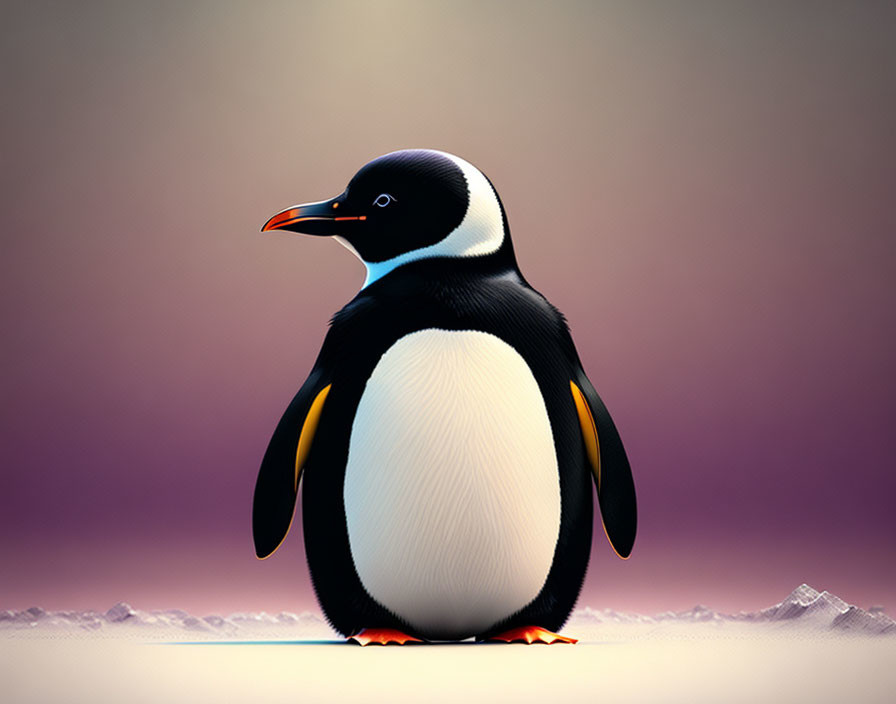 Plump penguin on icy surface with warm background