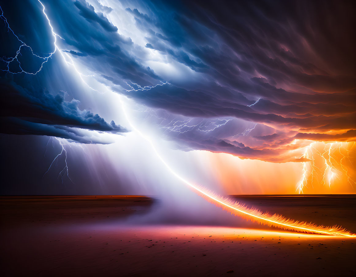 Dramatic lightning strike on beach under storm clouds