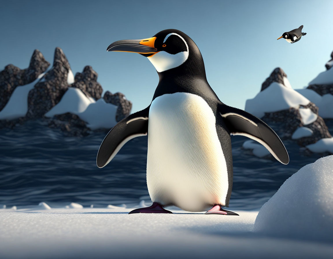 3D animated penguins on snow with mountains and flying jetpack penguin