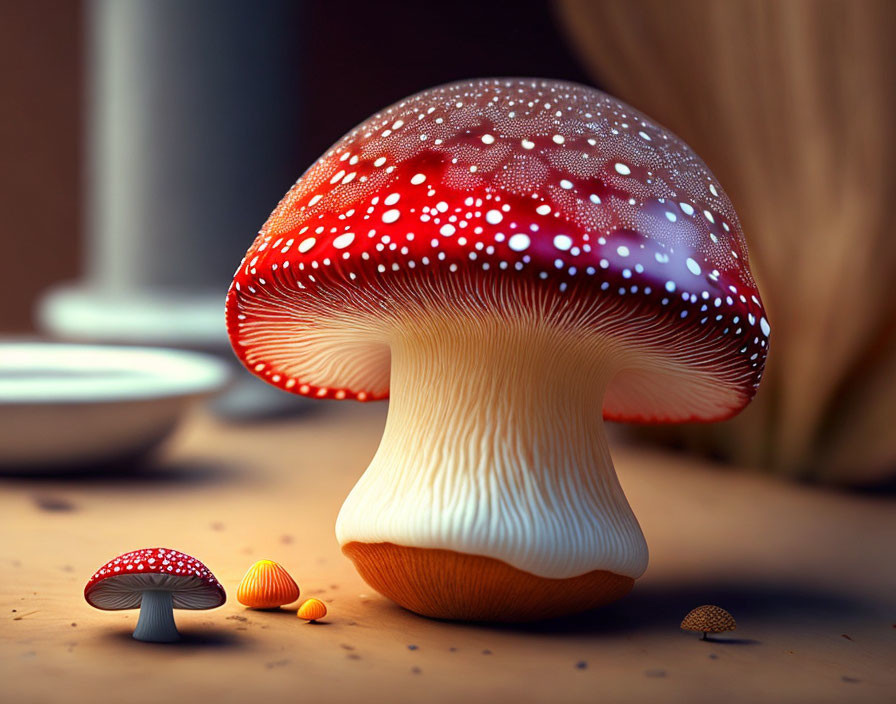 Vibrant oversized mushrooms with white spots on reddish-brown background