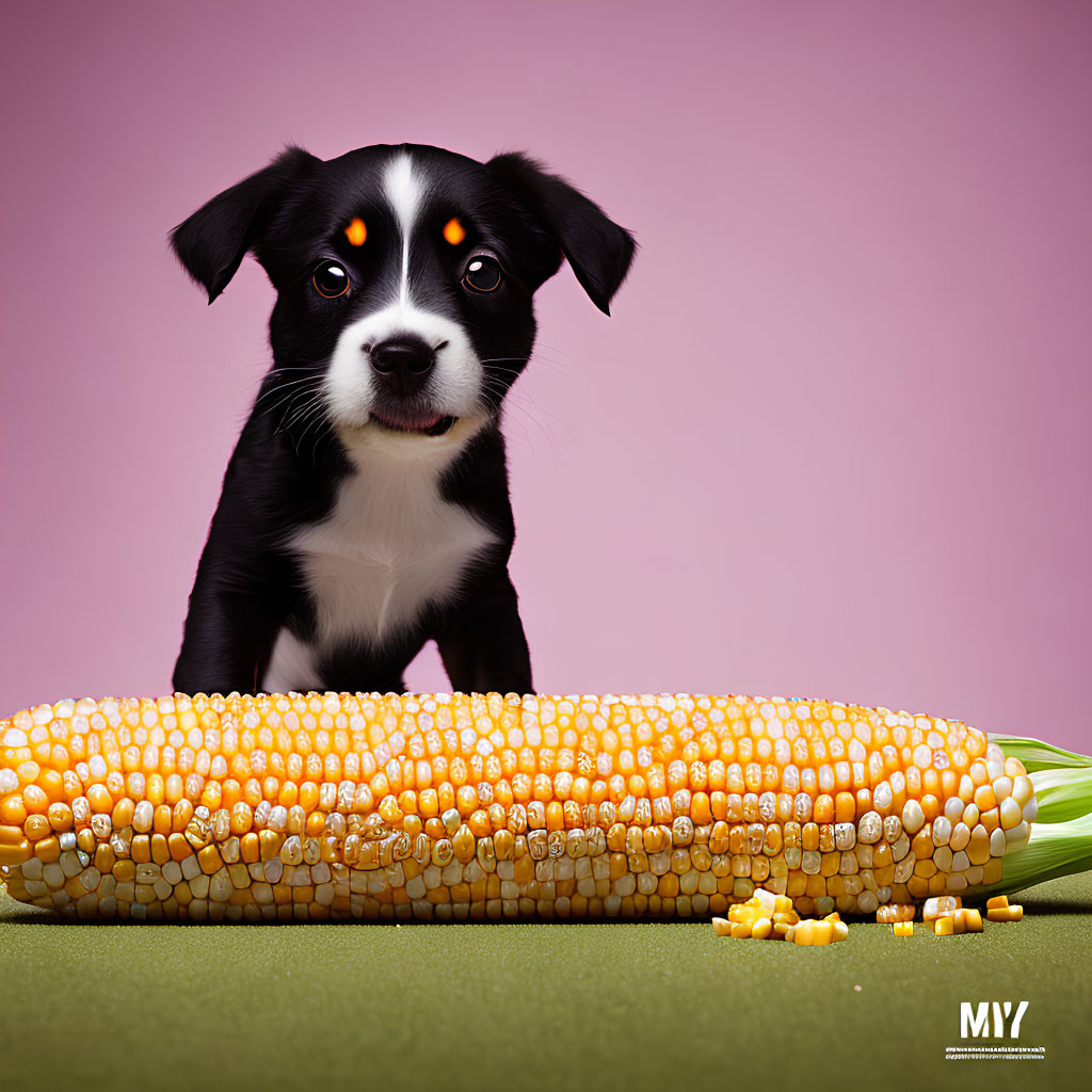 Black and white puppy with bright eyes next to partly eaten corn on green surface.