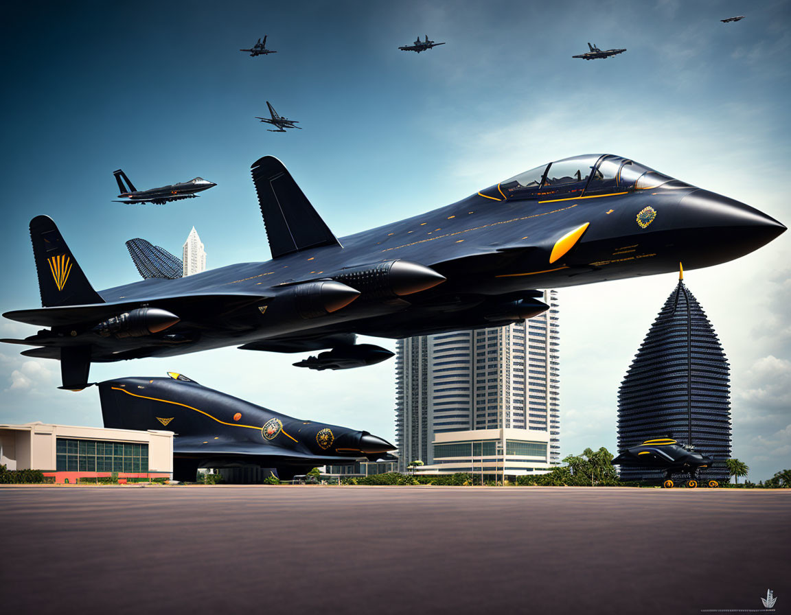 Fighter jets in black and gold liveries flying over modern cityscape.