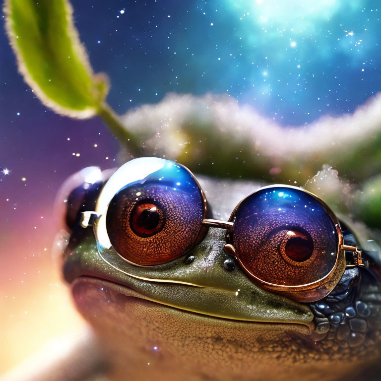 Frog wearing oversized space-themed glasses under starry sky