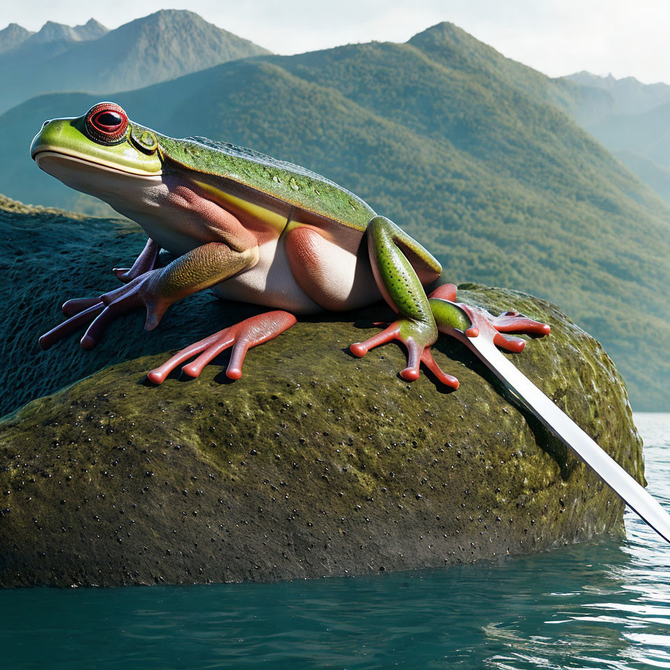 Colorful Frog on Rock with Mountain Backdrop