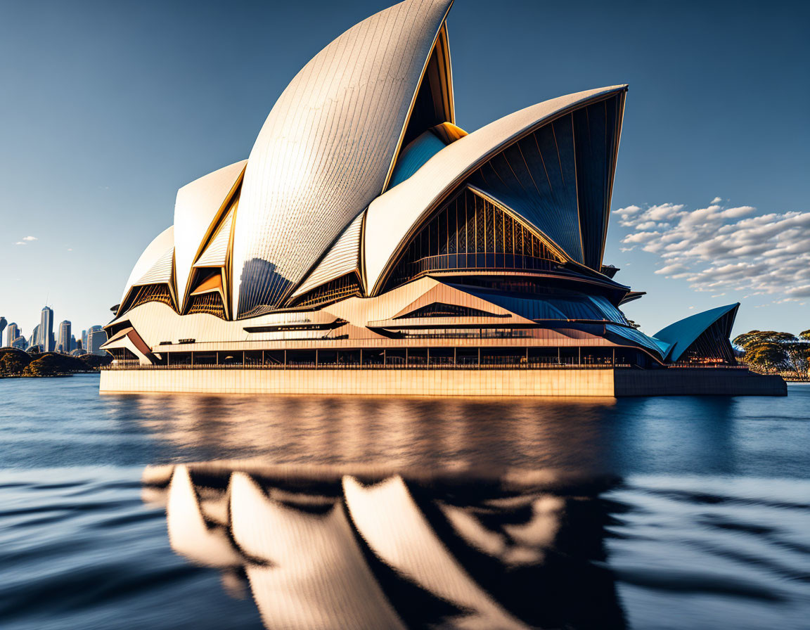 Architectural marvel: Opera house with sail-like design reflecting in calm waters.