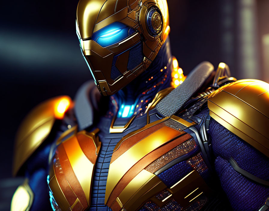 Detailed armored suit with gold and blue helmet and glowing blue eyes on dark background