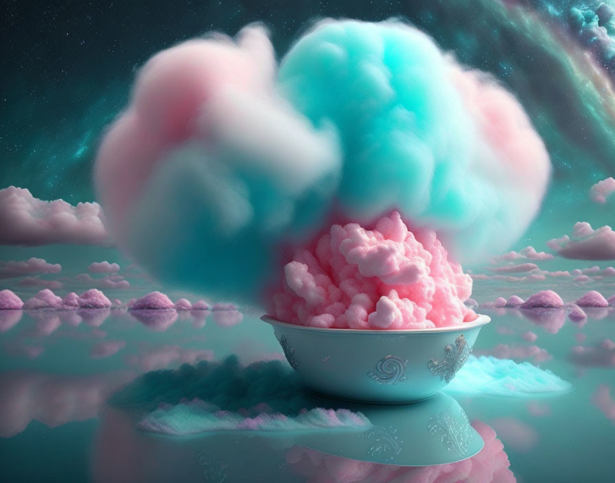 Dreamy cotton candy clouds in a star-filled sky scene