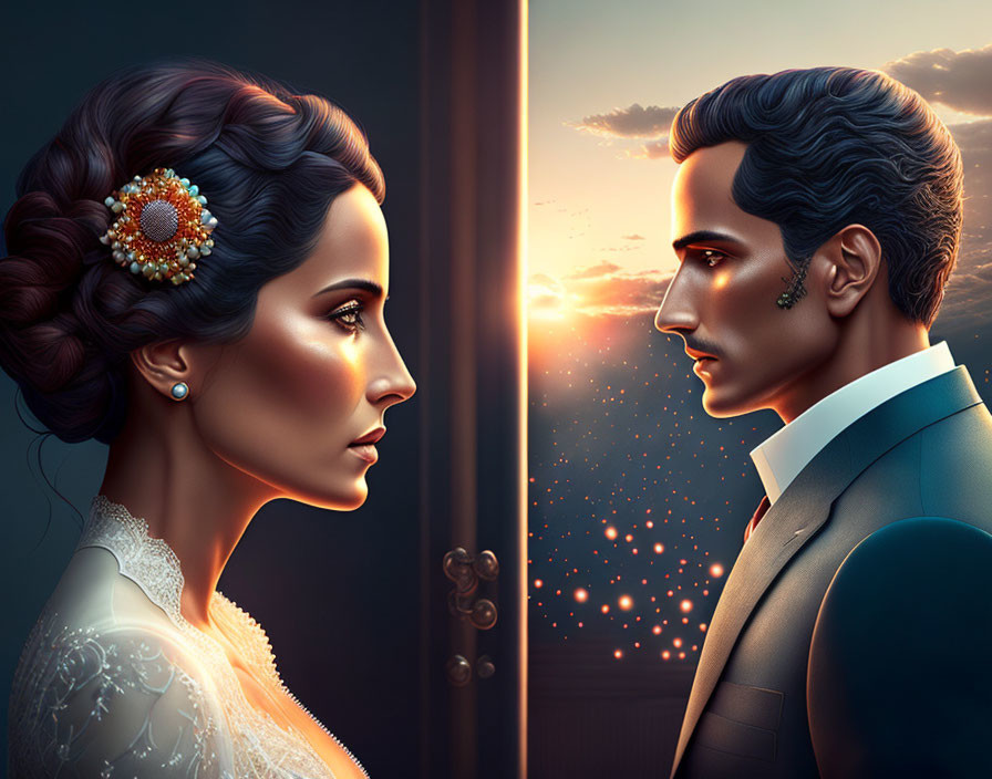 Stylized portrait of man and woman in formal attire with central division and warm glowing light