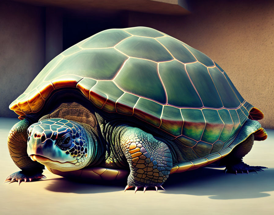 Colorful digital illustration of a large tortoise with a rainbow shell and intricate textures.