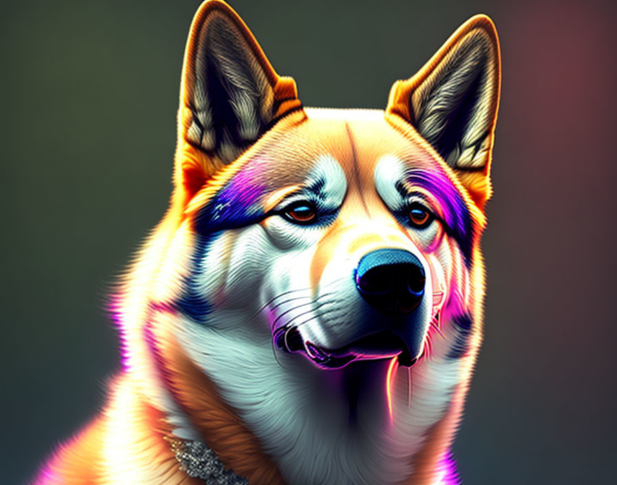 Vivid neon-colored dog in digital art against dark backdrop