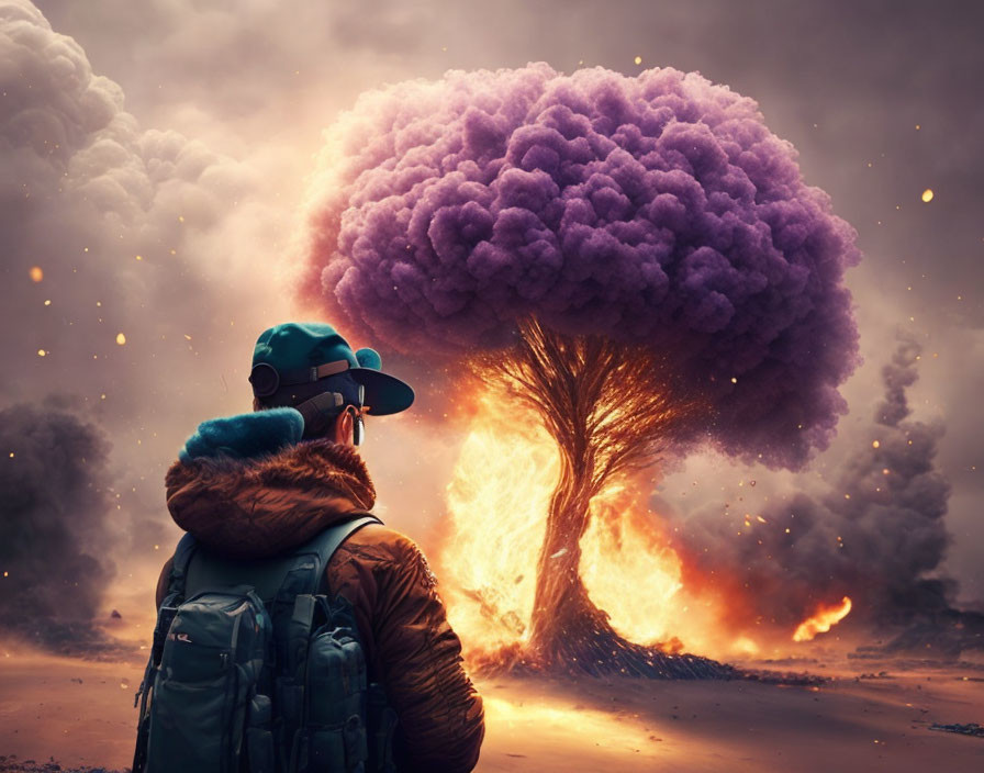 Person in Outdoor Gear Observing Enormous Tree Engulfed in Flames