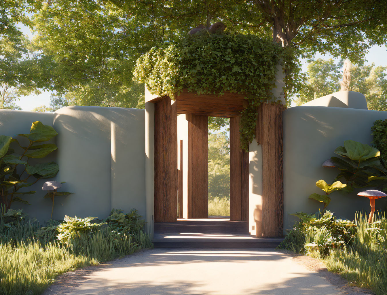 Tranquil garden pathway with lush greenery and wooden gate