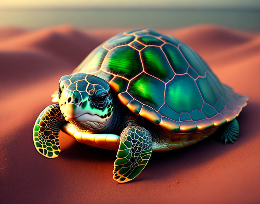 Colorful Green Turtle with Intricate Shell Patterns on Sandy Surface at Sunrise or Sunset