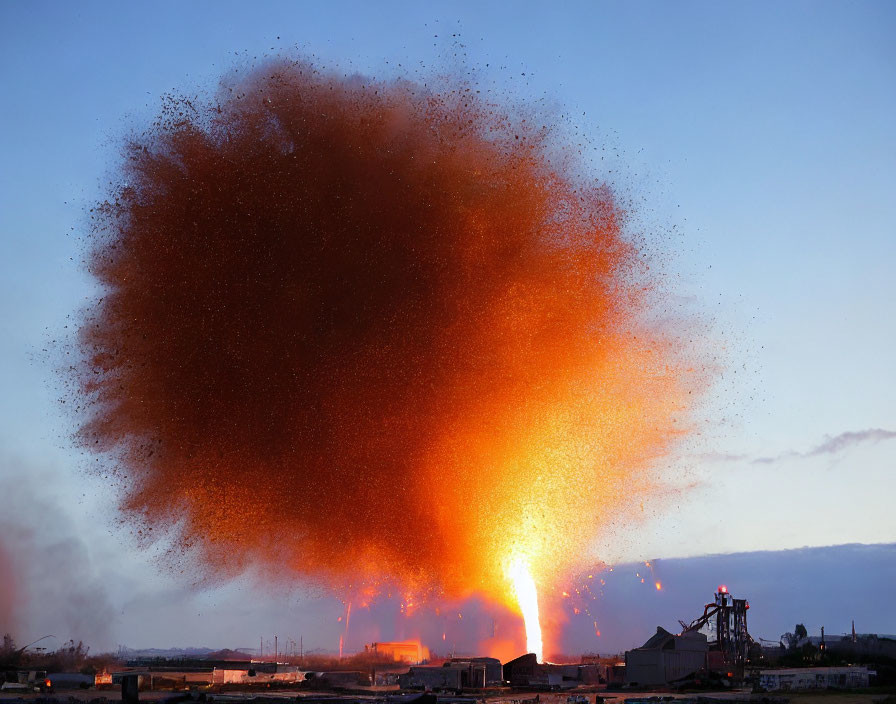 Massive explosion with vibrant orange flames and debris cloud in dusky sky