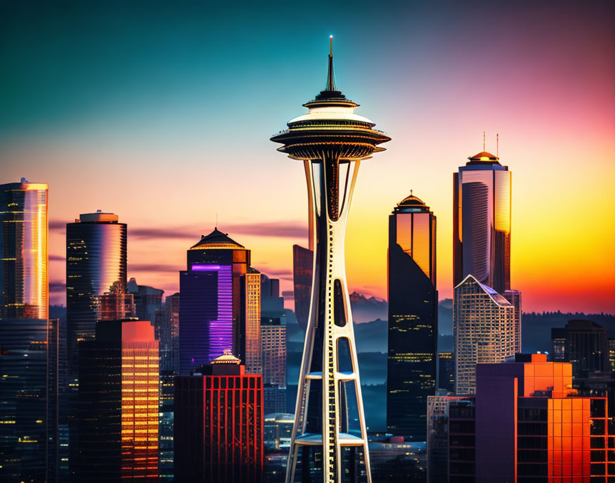 Iconic Space Needle in Seattle skyline at vibrant sunset