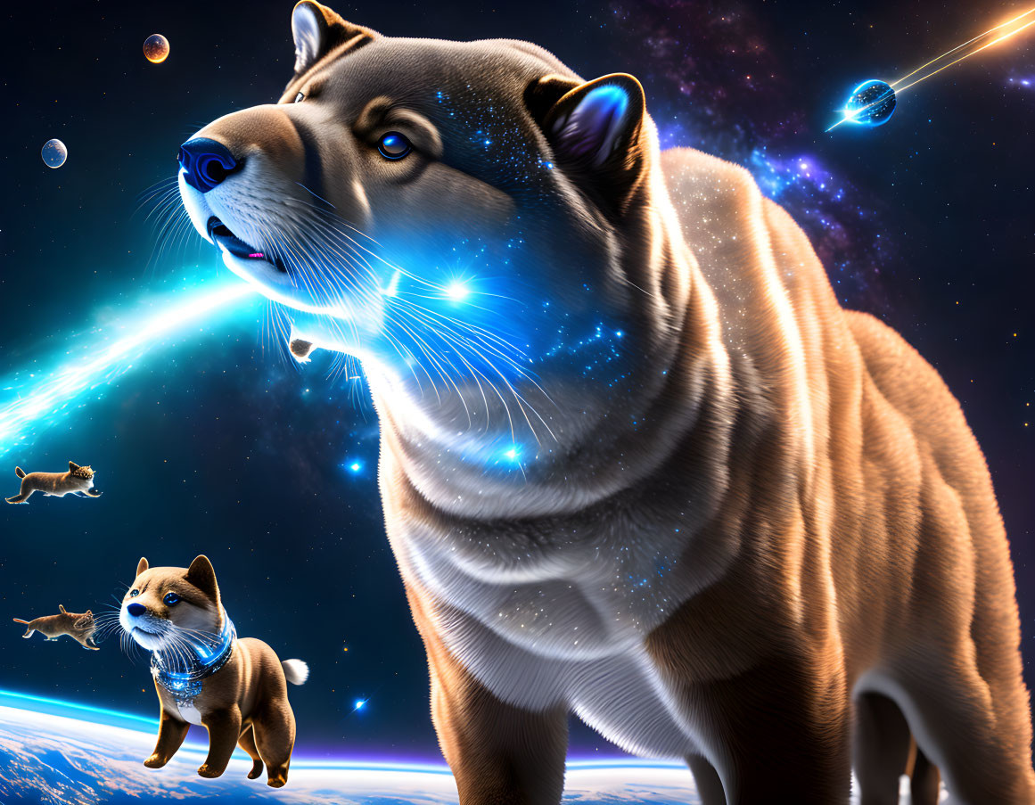 Digitally enhanced image of giant Shiba Inu in space with celestial objects