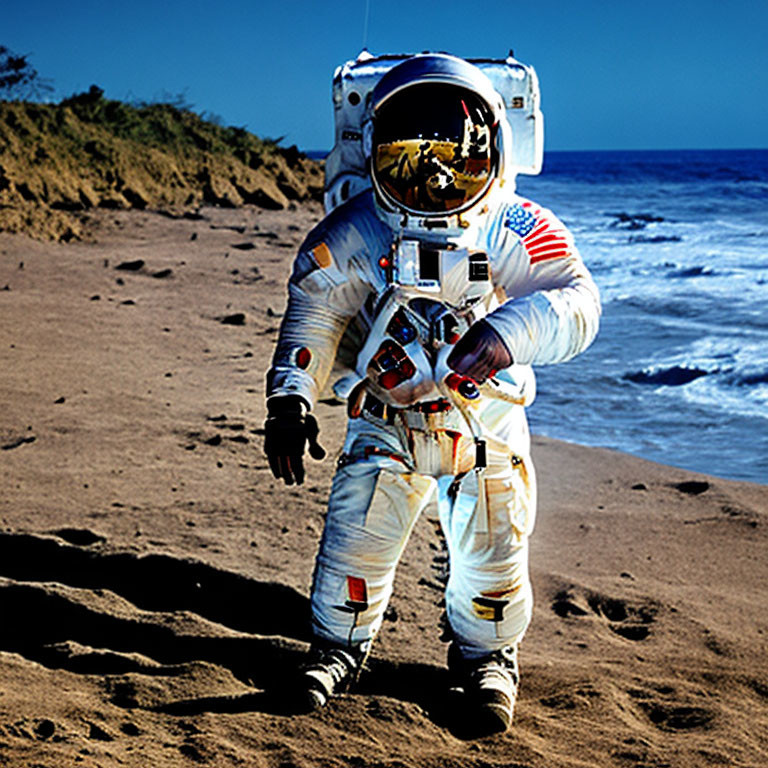 Astronaut in space suit on sandy beach under blue sky