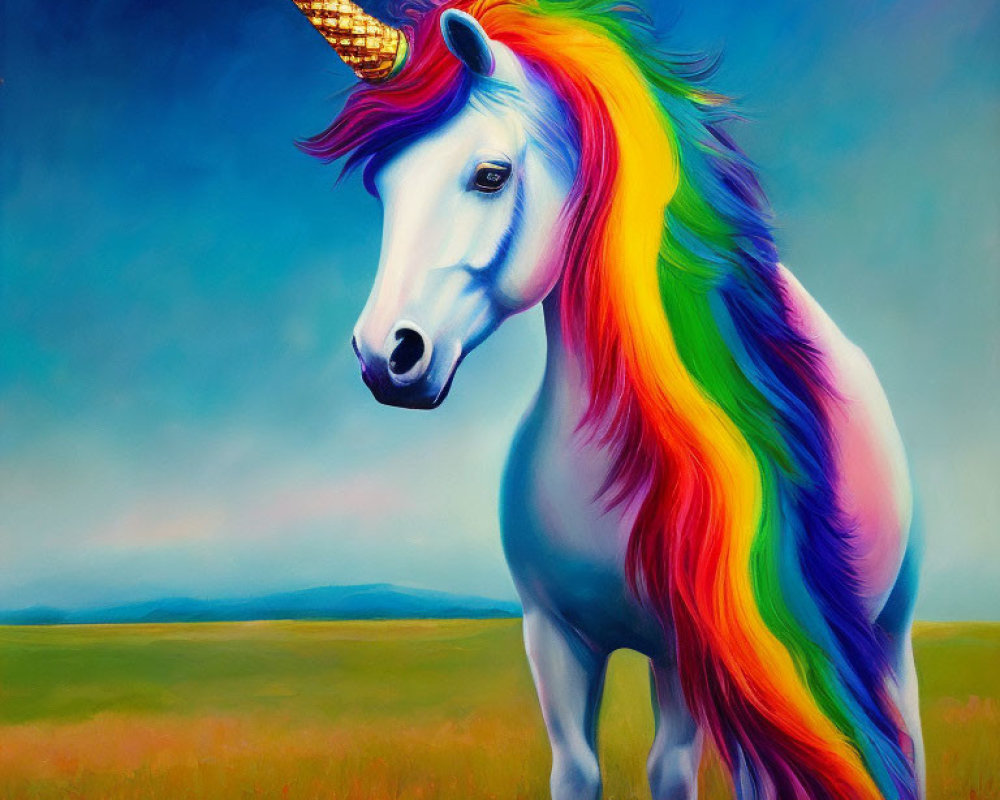 Colorful Unicorn Painting with Rainbow Mane and Golden Horn in Grass Field