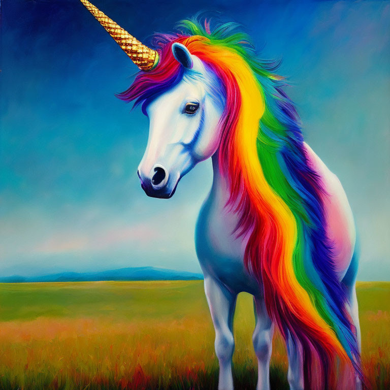 Colorful Unicorn Painting with Rainbow Mane and Golden Horn in Grass Field