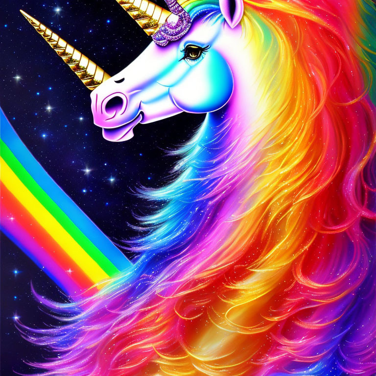 Colorful unicorn with golden horn in starry sky.