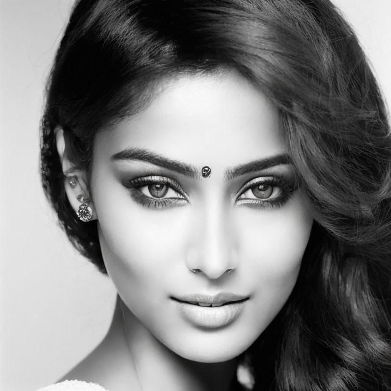 Monochrome portrait of woman with intense gaze and styled hair