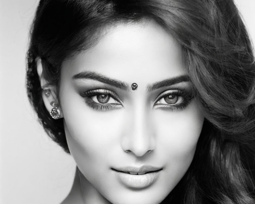 Monochrome portrait of woman with intense gaze and styled hair