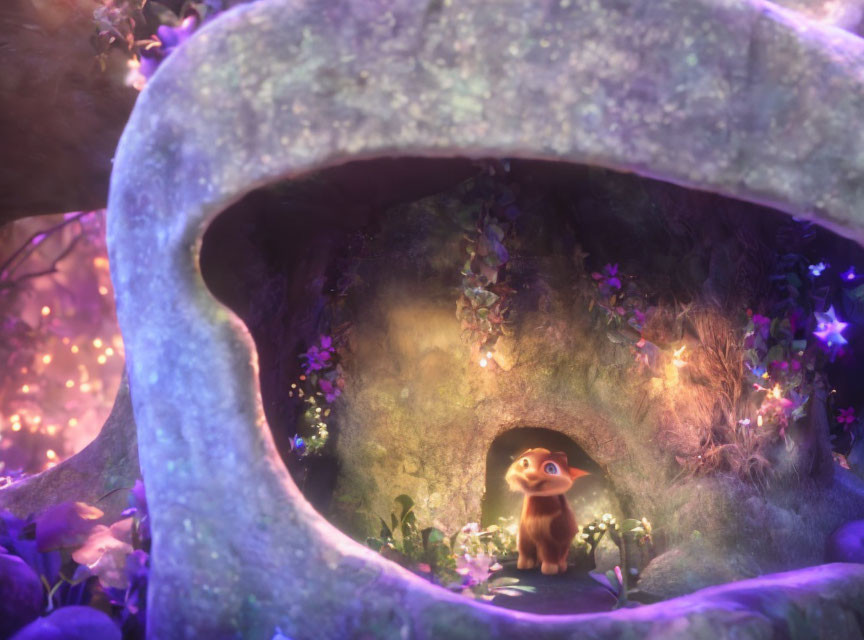 Animated creature in hollow tree with purple lighting and twinkling flora