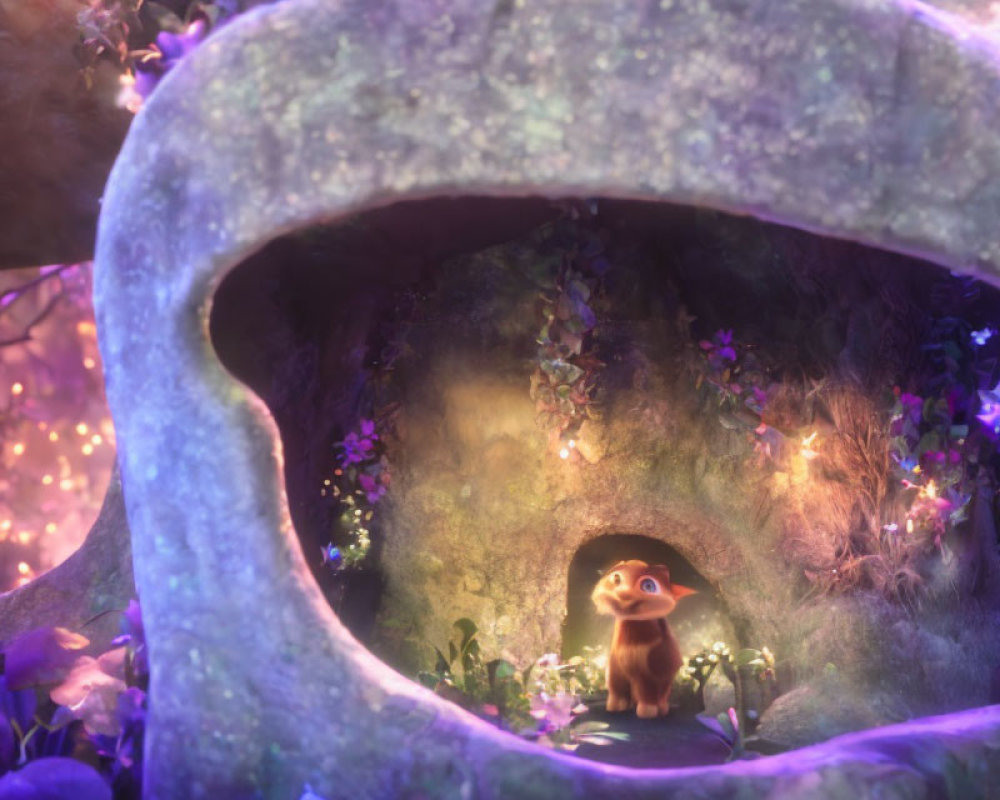 Animated creature in hollow tree with purple lighting and twinkling flora