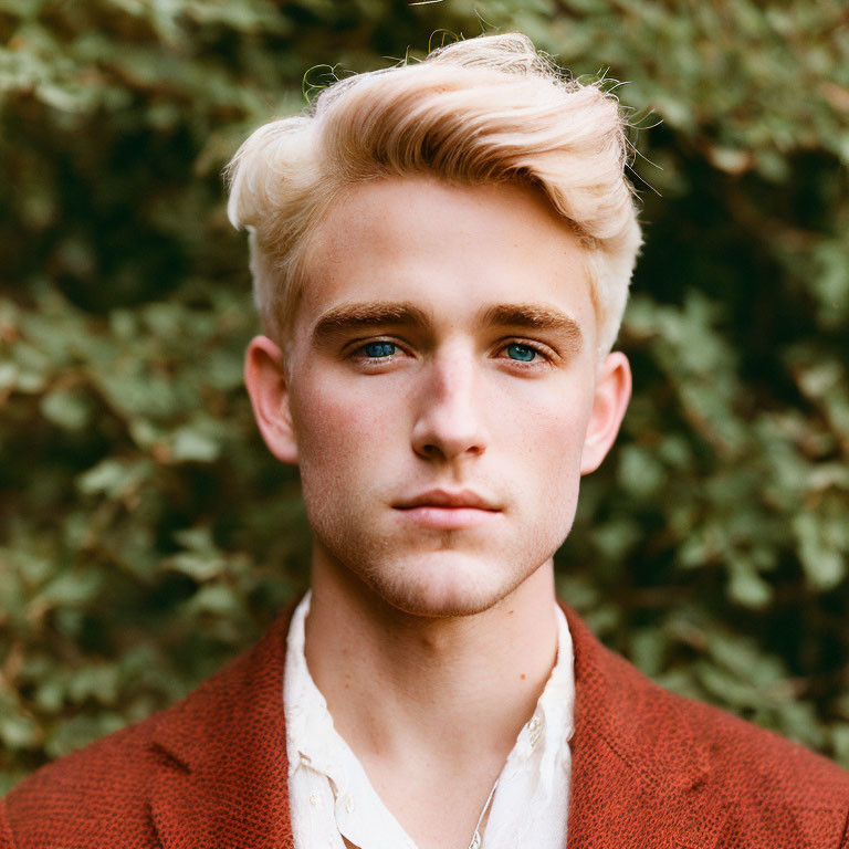 Portrait of young man with blond hair and blue eyes in white shirt and rust-colored jacket on green leaf