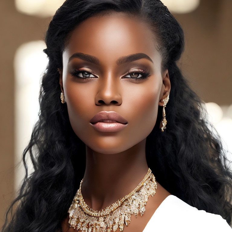 Dark-skinned woman with striking makeup, long wavy hair, and gold jewelry